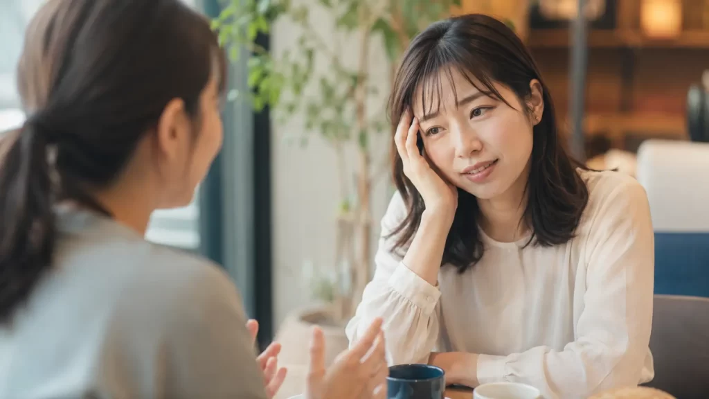 友人との会話に疲れている女性