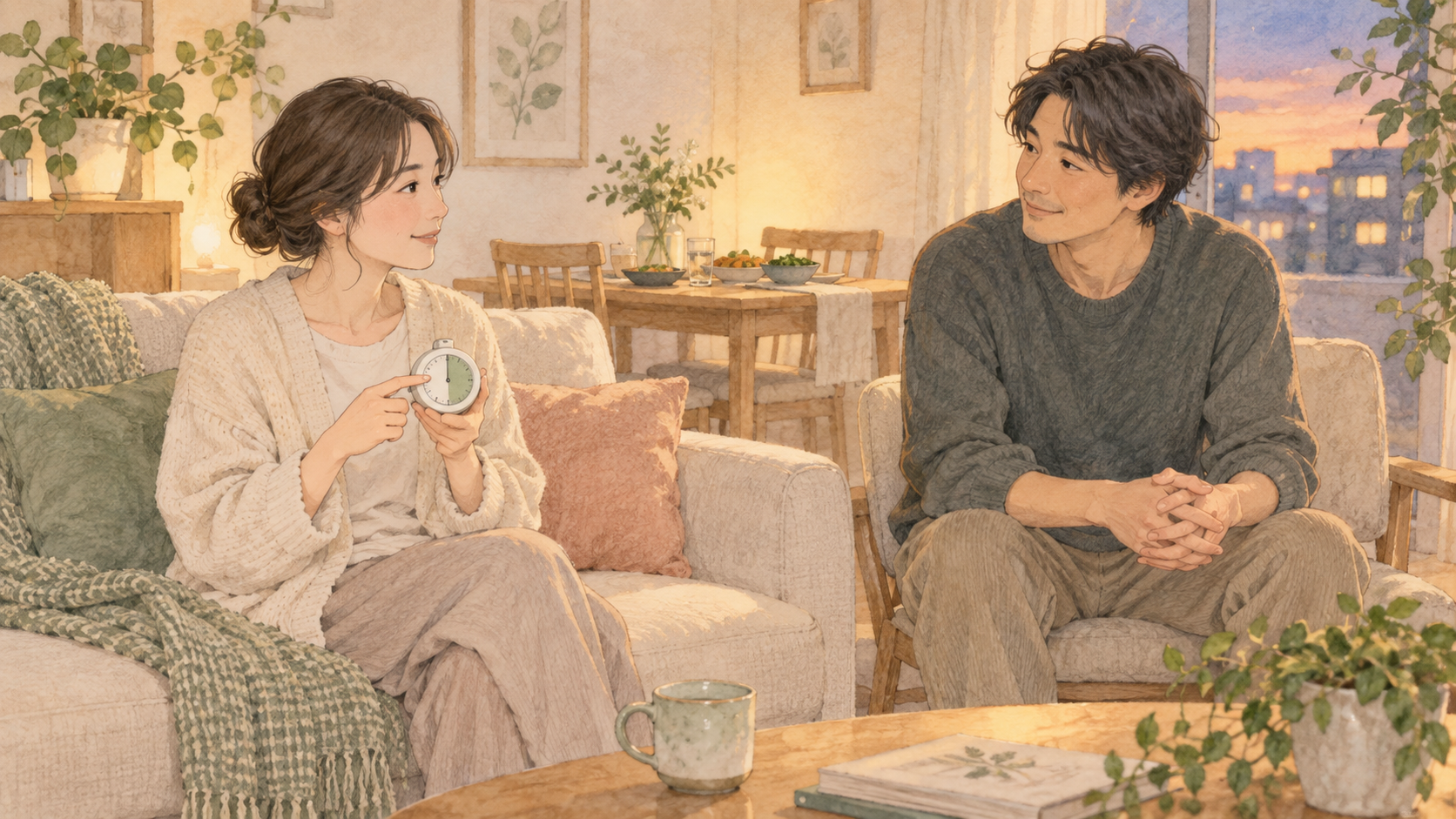 短い休憩の取り方をタイマーを置いて家族と相談する女性
