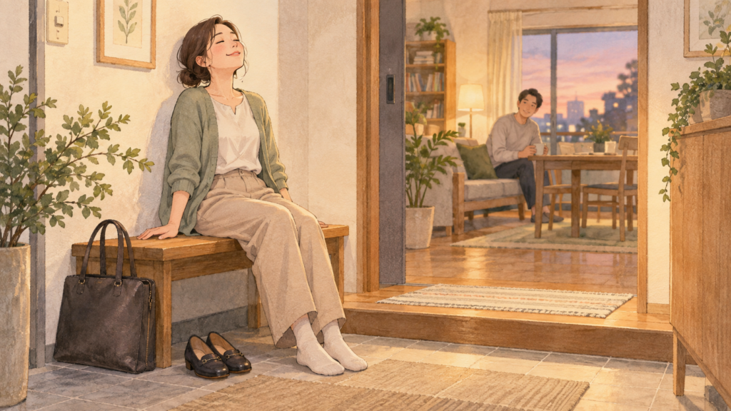 帰宅後、玄関のベンチで休む女性を家族が見守る様子