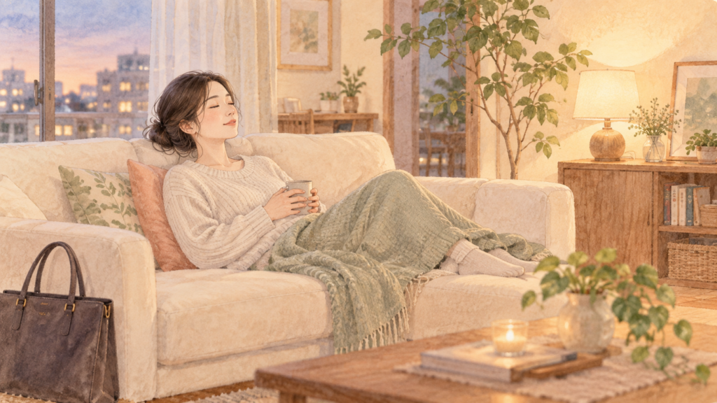 帰宅後、ソファでカップを手にひと息つく女性