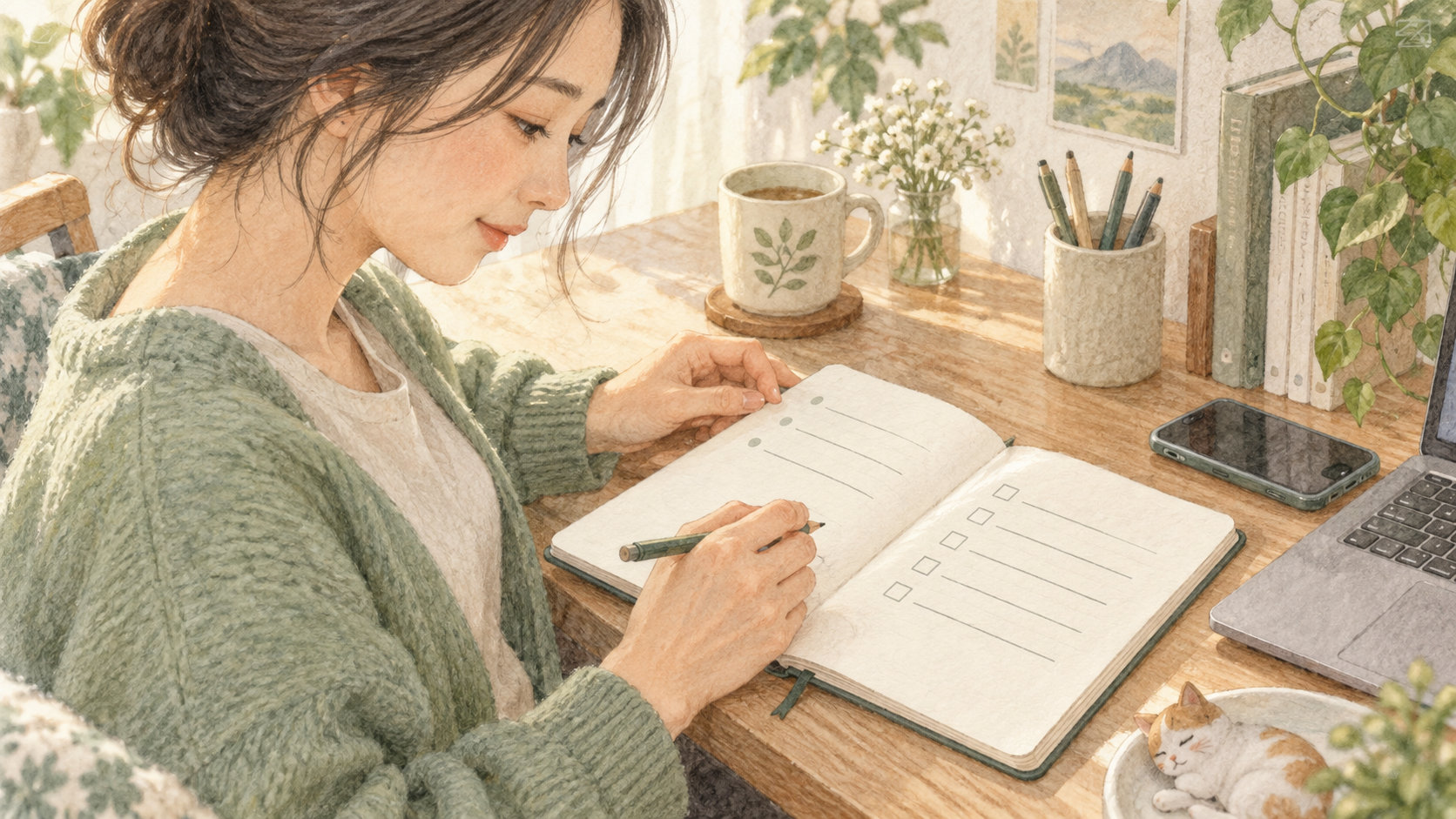 見聞きしたことと次の作業をノートの別のページに整理する女性