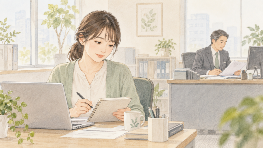 離れた席で上司が作業する中、自分のノートに目を向ける女性