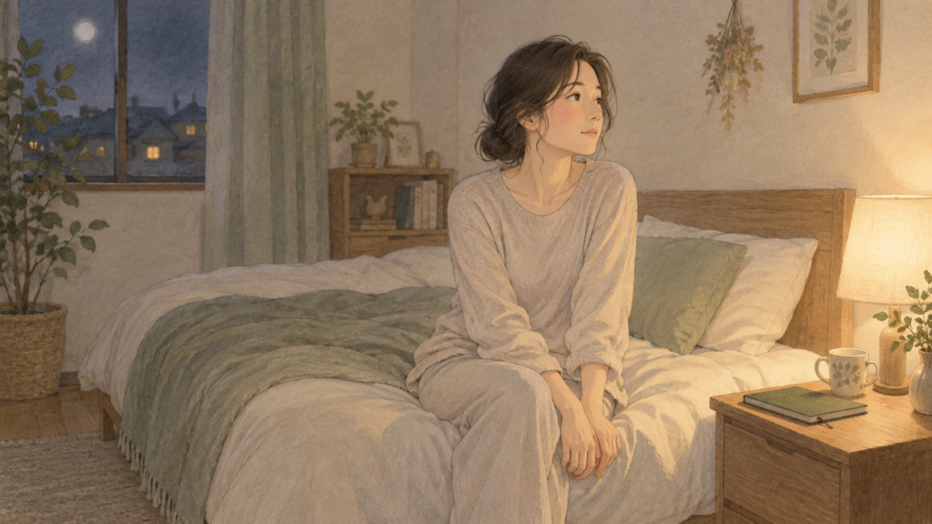 眠れない夜にベッドの端へ座って静かに過ごす女性