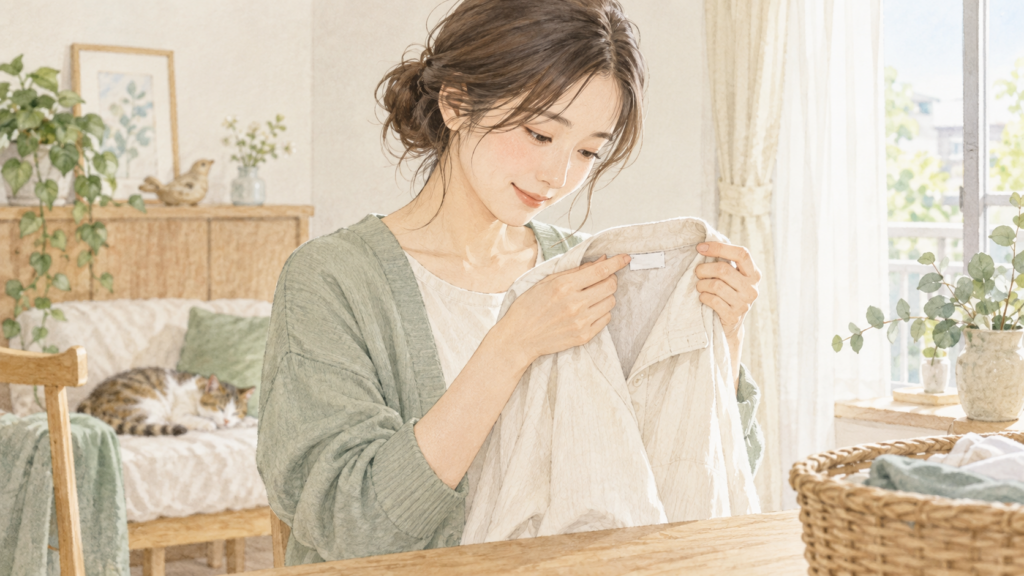シャツの襟の内側に縫われたタグを確認する女性
