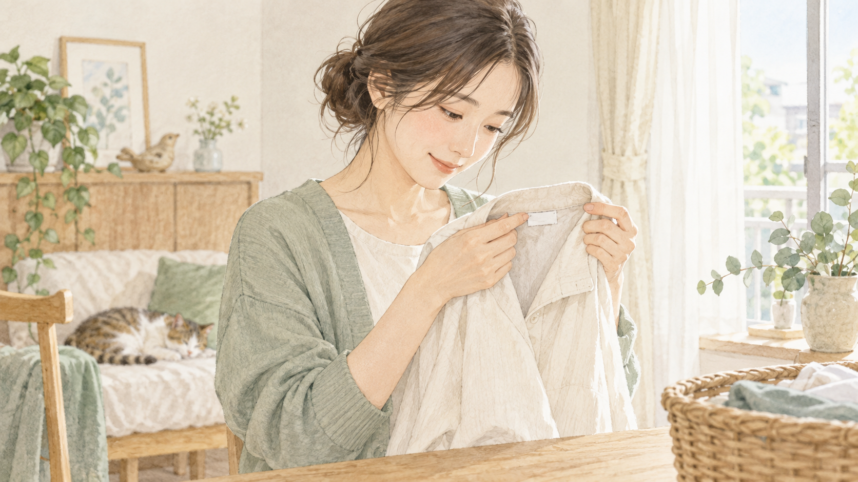 シャツの襟の内側に縫われたタグを確認する女性