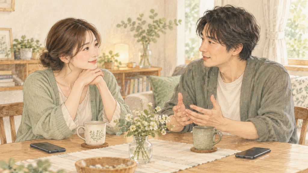 テーブルで落ち着いて話す夫婦