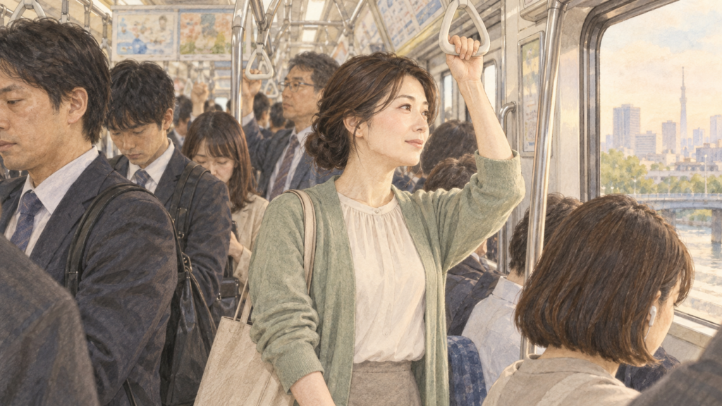 混雑した電車でつり革につかまり、姿勢を保つ女性