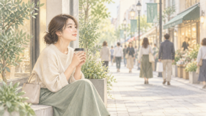 人通りのある街の端で休む女性