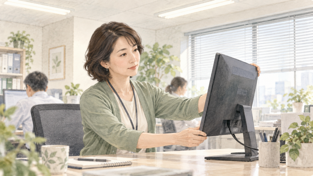 オフィスの照明の下でモニターの角度を調整する女性