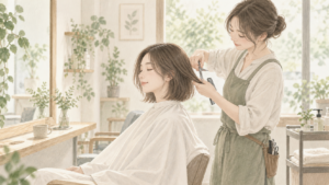 静かな美容院でカットを受ける人