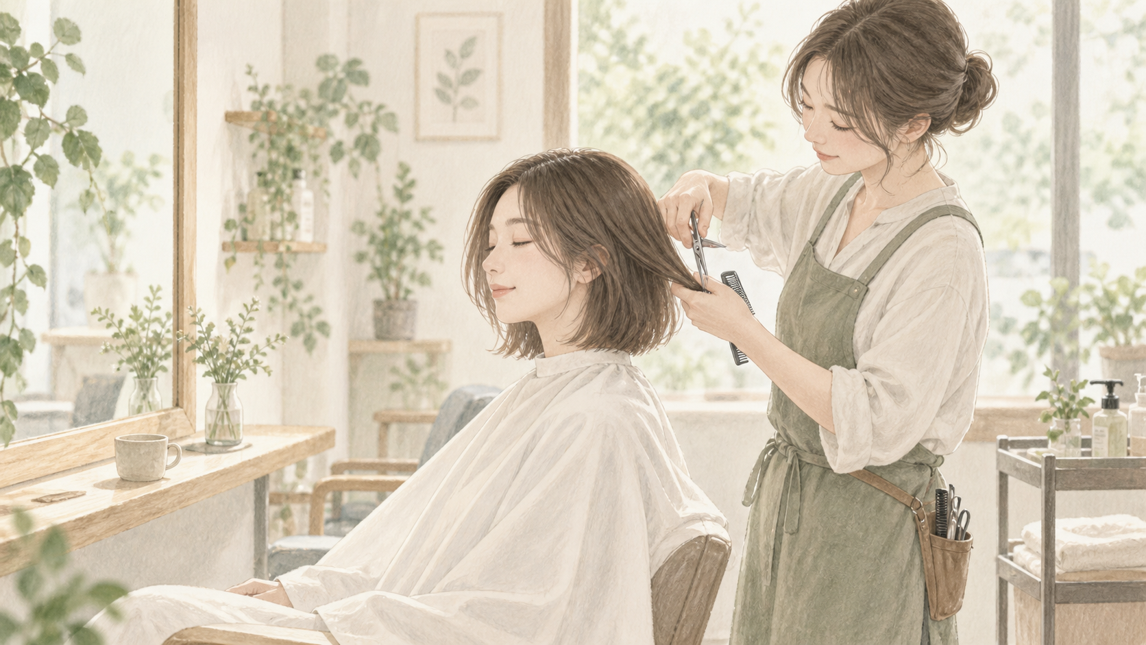 静かな美容院でカットを受ける人