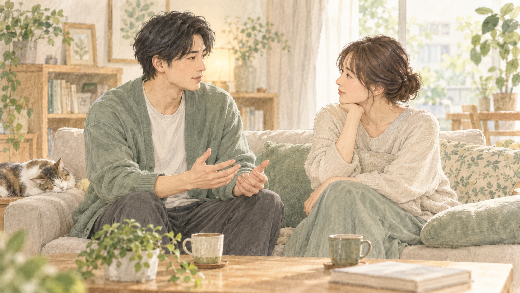 自宅で休みたい気持ちをパートナーに伝える男性