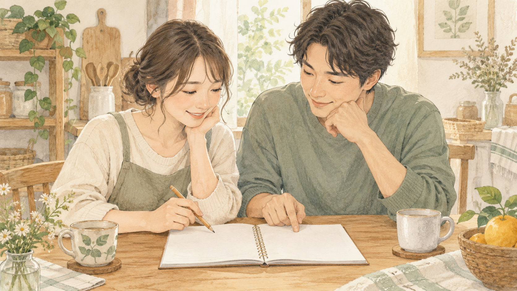 家事の分担についてノートを見ながら相談する夫婦