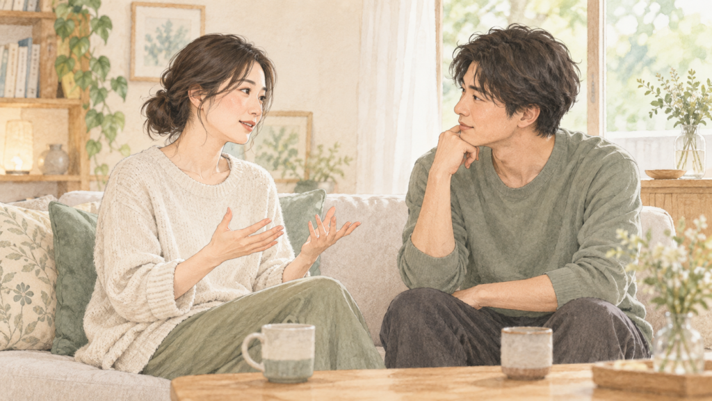 静かに過ごしたい気持ちを話す女性と聞く夫