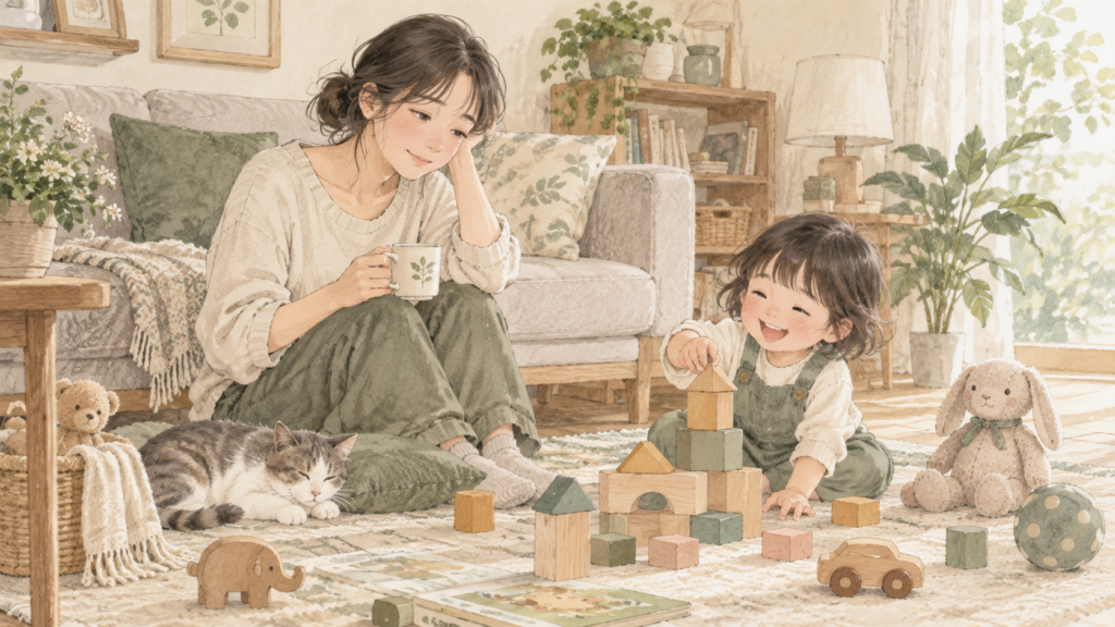 子どもの遊びを見守りながら疲れを感じる親