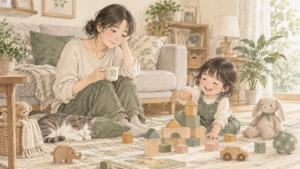 子どもの遊びを見守りながら疲れを感じる親