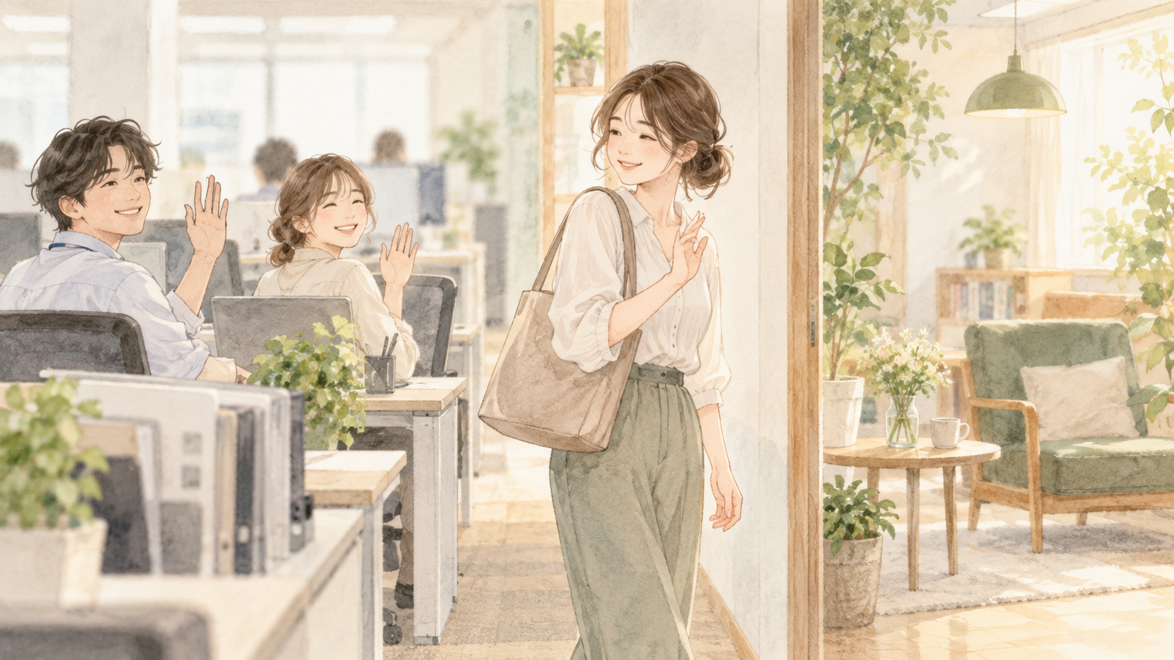 同僚に挨拶して休憩へ向かう会社員