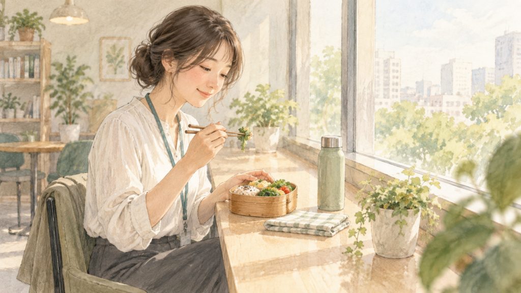 窓辺で一人の昼食を楽しむ会社員