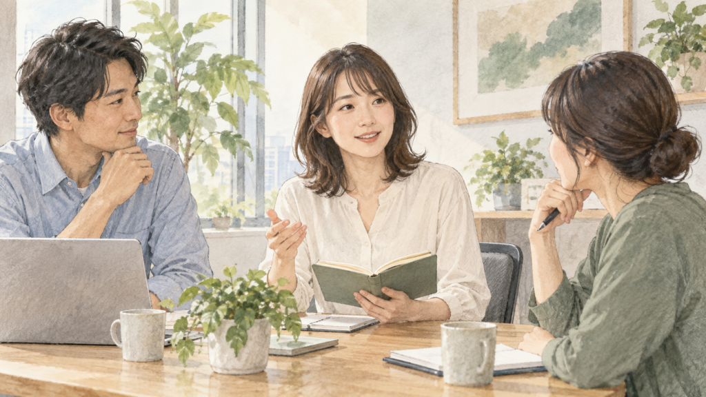 少人数の会議でノートを見ながら落ち着いて意見を伝える女性