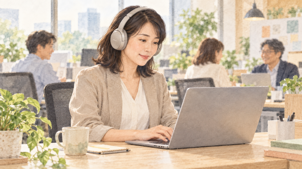 職場でヘッドホンを着け、資料の確認をする女性