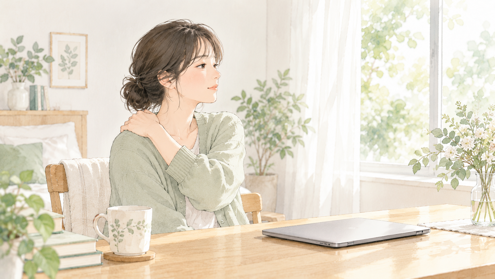 会議の合間にパソコンを閉じ、窓の外を見て肩をほぐす女性