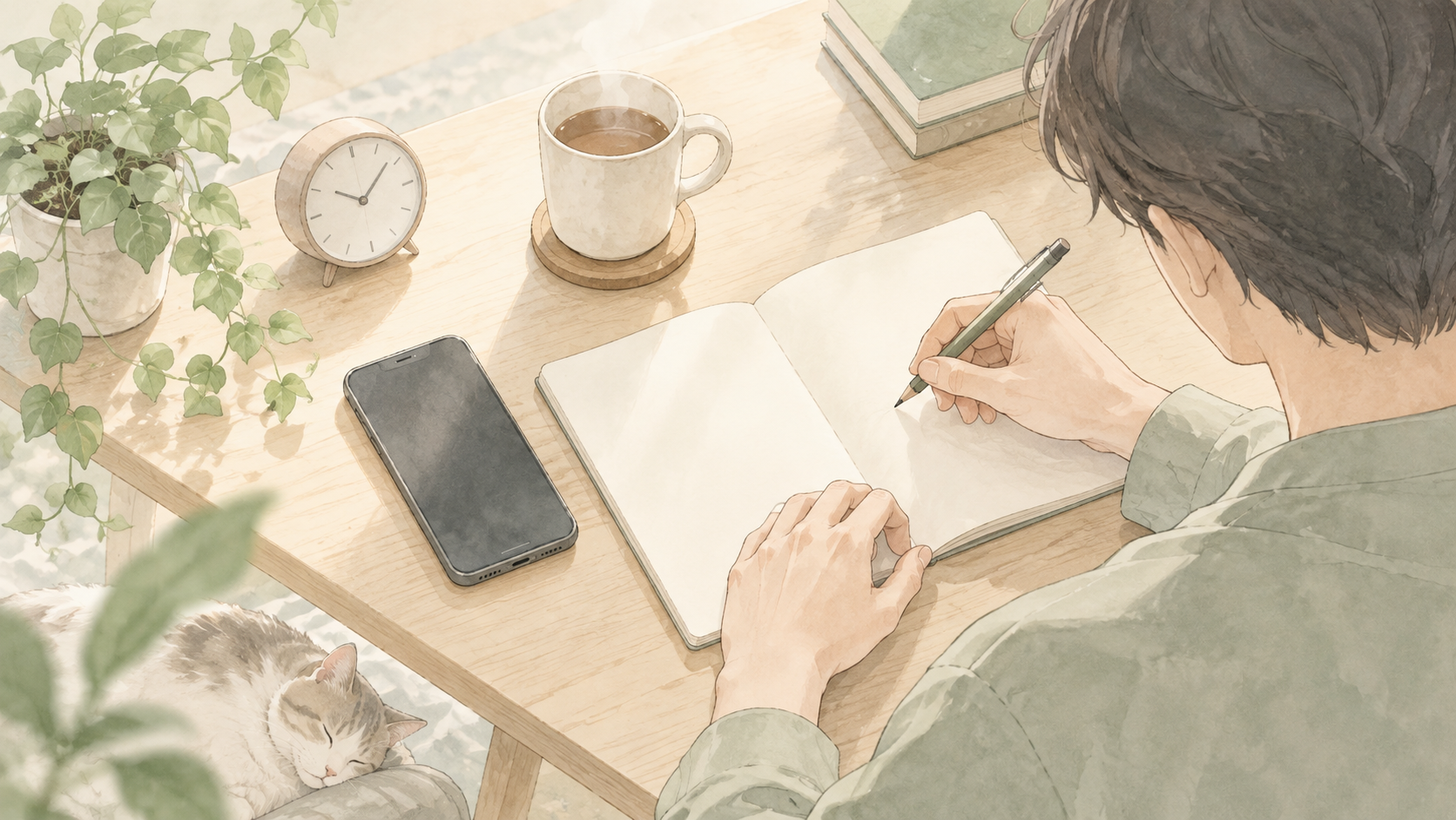 恋人への連絡内容をノートに整理する男性の手元と時計