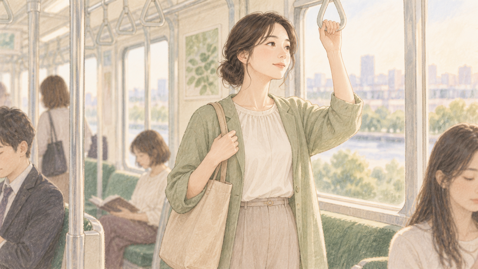 電車でつり革につかまり周囲と距離を保つ女性