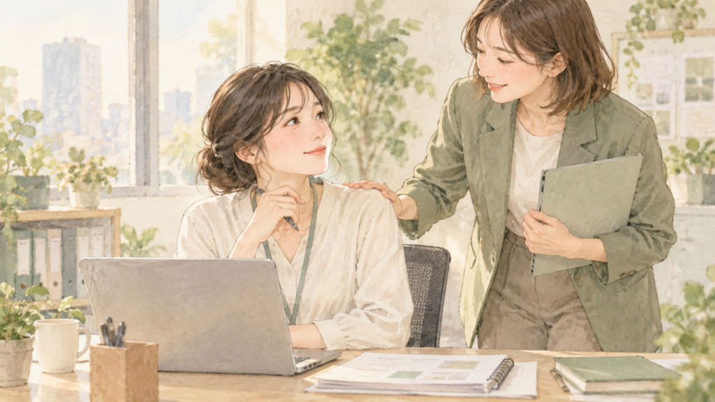 同僚から感想を受け取る女性