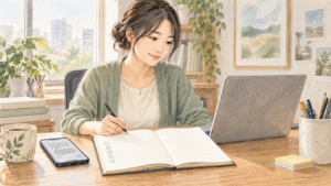 返信待ちのスマートフォンからノートへ意識を戻す女性