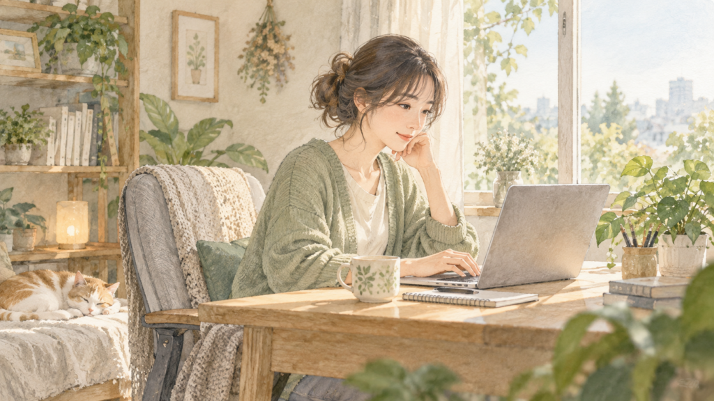 窓辺の自宅デスクで静かに在宅ワークをする女性