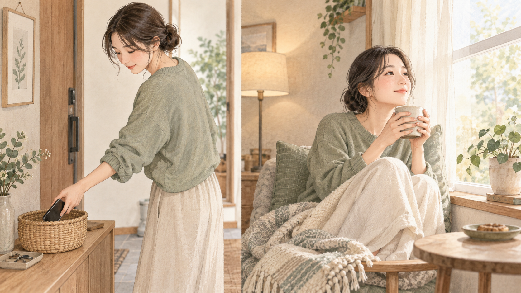 スマホをかごへ置き、窓辺で温かい飲み物を手に休む女性