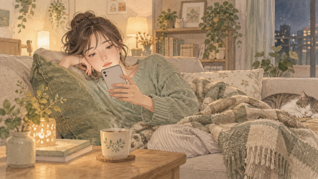 夜のソファでスマホを見続け、少し疲れた表情の女性