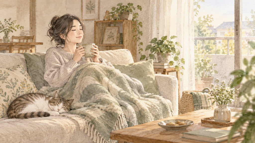 休日に窓辺のソファでゆっくり休む女性