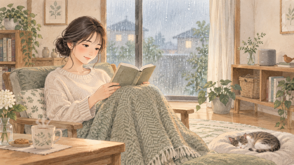 離れた棚に小型スピーカーを置き読書する女性