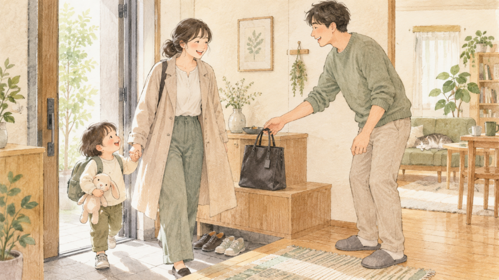 子どもと帰宅した母親を迎えて荷物を受け取る家族